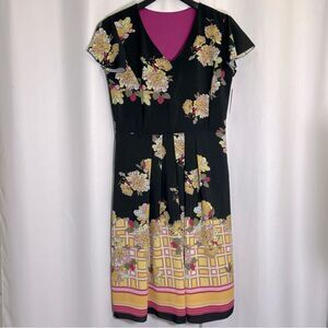 NWT Triad Collection Black Yellow Floral V Neck Pleated Lined Dress L/XL